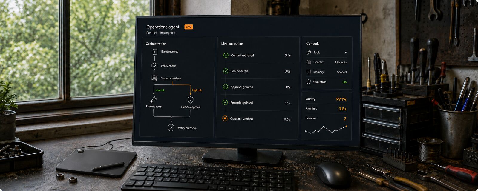 A live automation dashboard built by HLT Lab, showing an AI operations agent orchestrating and verifying a task run